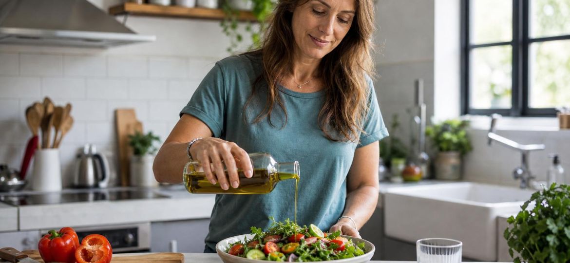 Woman preparing a colorful vegetable salad with olive oil in her kitchen