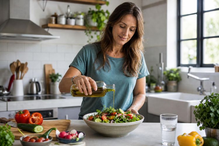 Woman preparing a colorful vegetable salad with olive oil in her kitchen