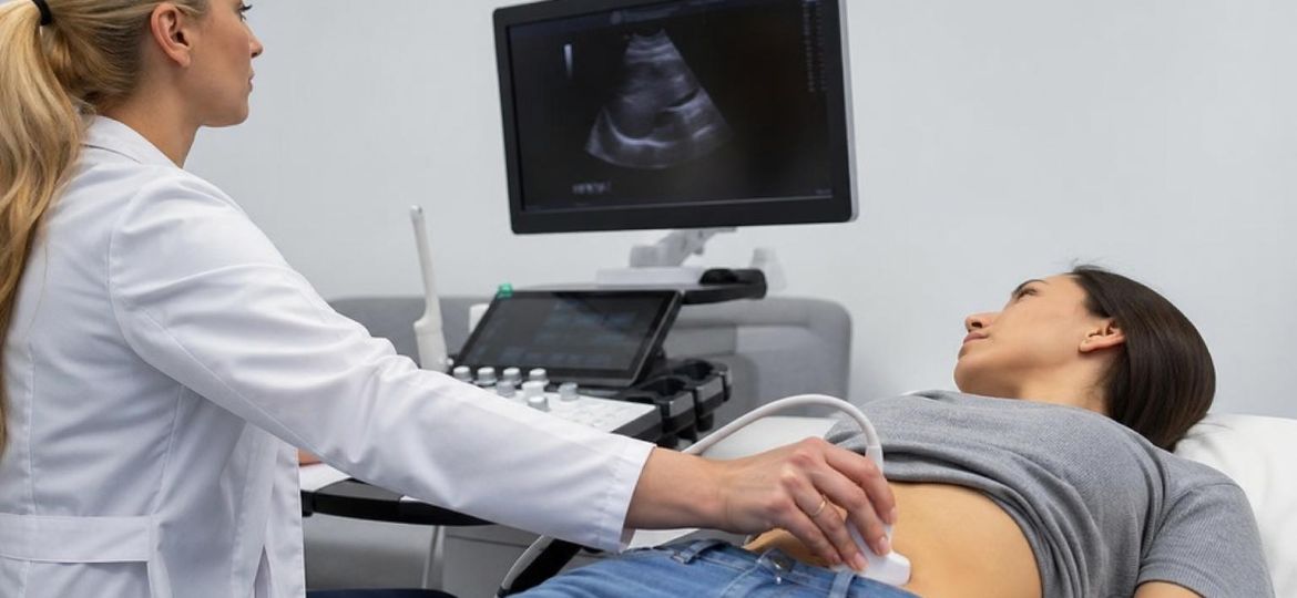 Doctor performing an abdominal ultrasound on a patient