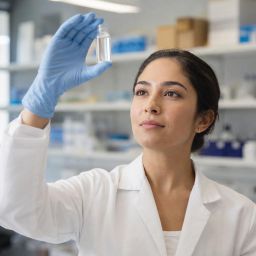 Researcher in a lab coat examining a small glass vial in a laboratory