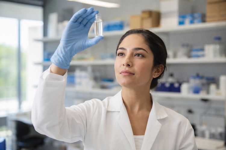 Researcher in a lab coat examining a small glass vial in a laboratory