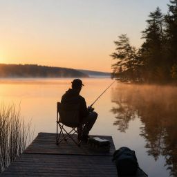 Person fishing from a wooden dock on a calm, misty lake at sunrise