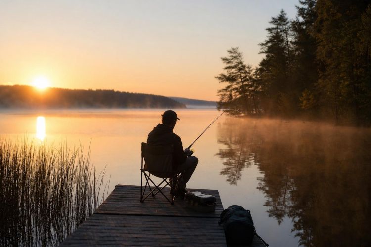 Person fishing from a wooden dock on a calm, misty lake at sunrise