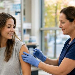 Nurse giving a flu shot to a smiling young adult in a pharmacy clinic