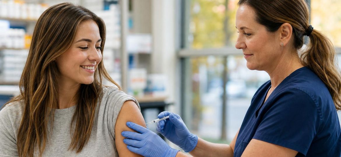 Nurse giving a flu shot to a smiling young adult in a pharmacy clinic