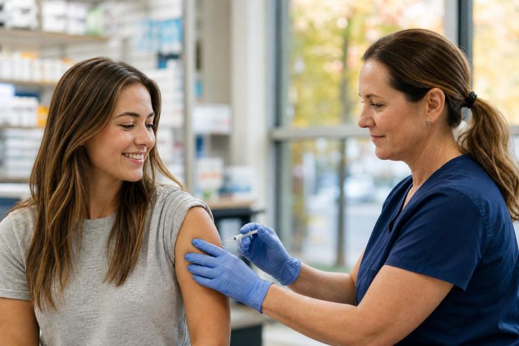 Nurse giving a flu shot to a smiling young adult in a pharmacy clinic