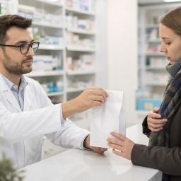 Pharmacist handing a prescription bag to a sick customer