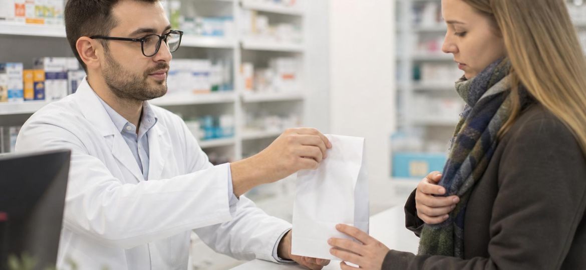 Pharmacist handing a prescription bag to a sick customer