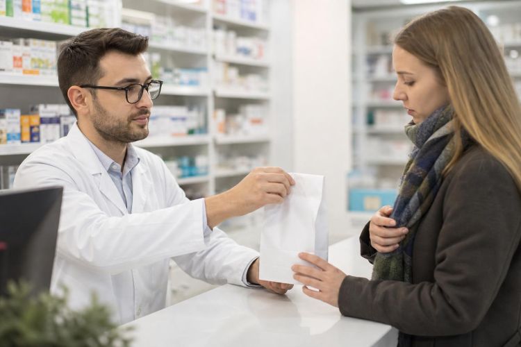 Pharmacist handing a prescription bag to a sick customer