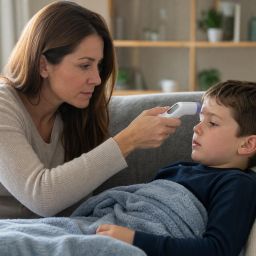 Mother checking her young son's temperature with a forehead thermometer