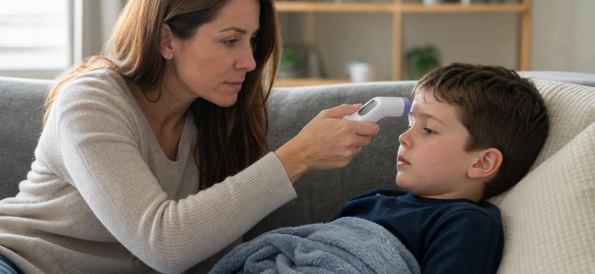 Mother checking her young son's temperature with a forehead thermometer