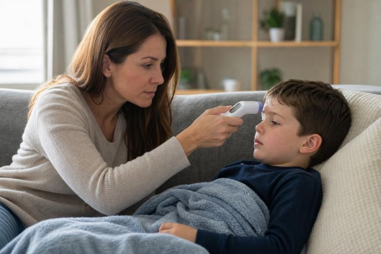 Mother checking her young son's temperature with a forehead thermometer