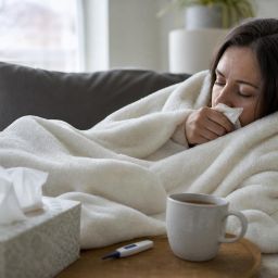 Couch with a blanket, tissues, a thermometer and a mug of tea during flu season