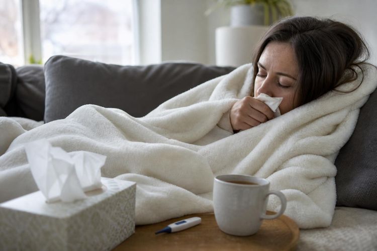 Couch with a blanket, tissues, a thermometer and a mug of tea during flu season