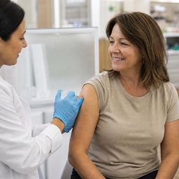 Pharmacist giving a flu shot to a smiling woman