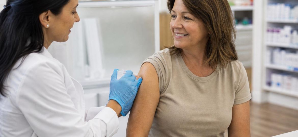 Pharmacist giving a flu shot to a smiling woman