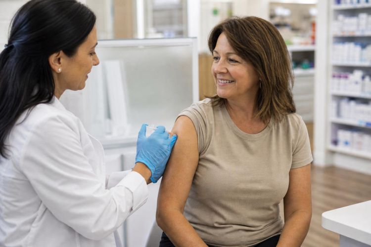 Pharmacist giving a flu shot to a smiling woman