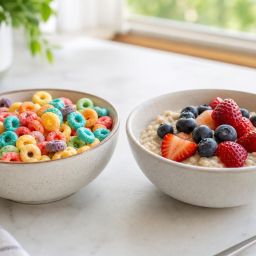 Bowl of brightly colored cereal next to a bowl of oatmeal topped with berries