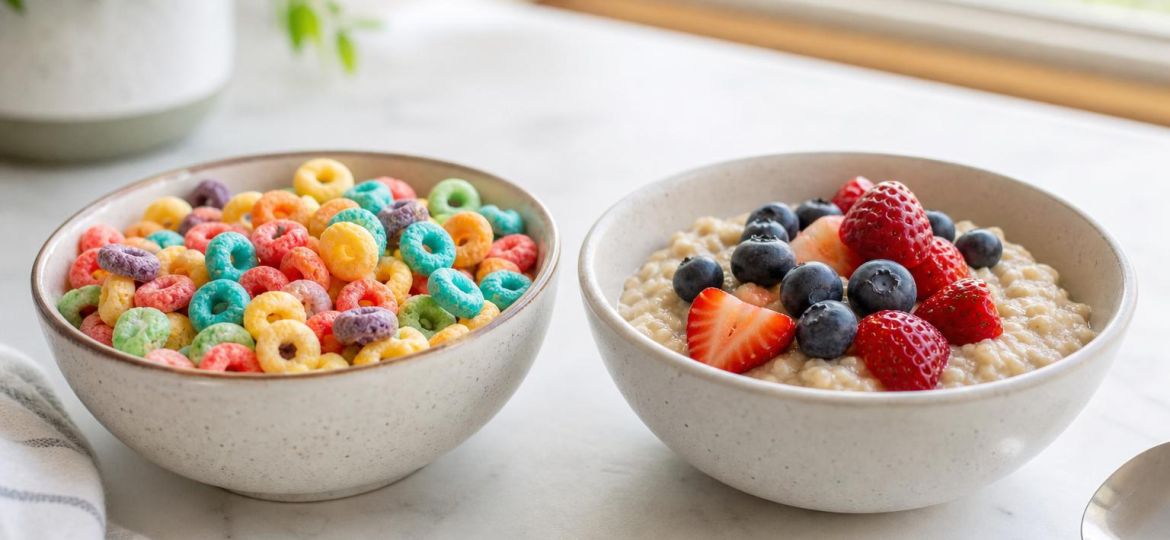 Bowl of brightly colored cereal next to a bowl of oatmeal topped with berries