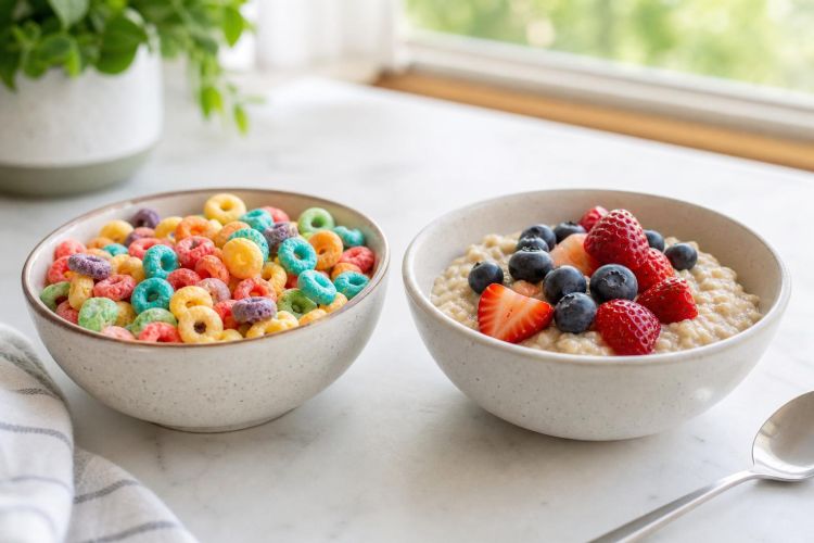 Bowl of brightly colored cereal next to a bowl of oatmeal topped with berries