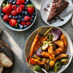 Variety of foods including berries, chocolate cake, roasted vegetables, coffee and chili peppers