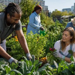 Adults harvesting vegetables together in a sunny community garden