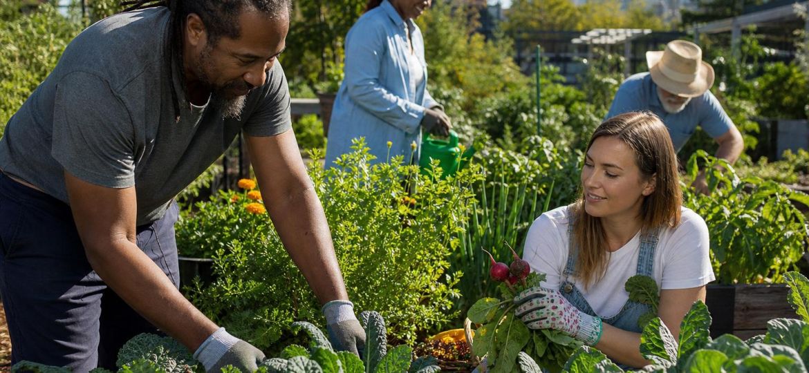 Adults harvesting vegetables together in a sunny community garden