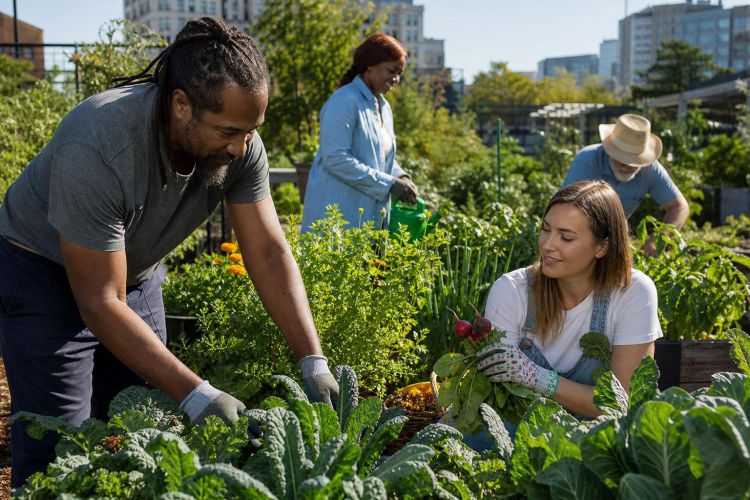 Adults harvesting vegetables together in a sunny community garden