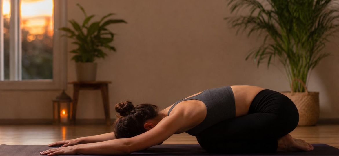 Woman resting in child's pose on a yoga mat in a calm room