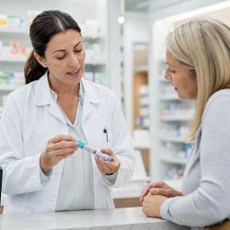 Pharmacist explaining an injection pen to a customer at a pharmacy counter