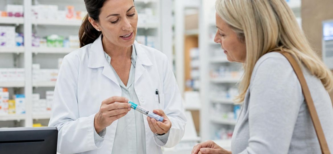 Pharmacist explaining an injection pen to a customer at a pharmacy counter