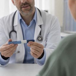 Doctor showing a medication injection pen to a patient