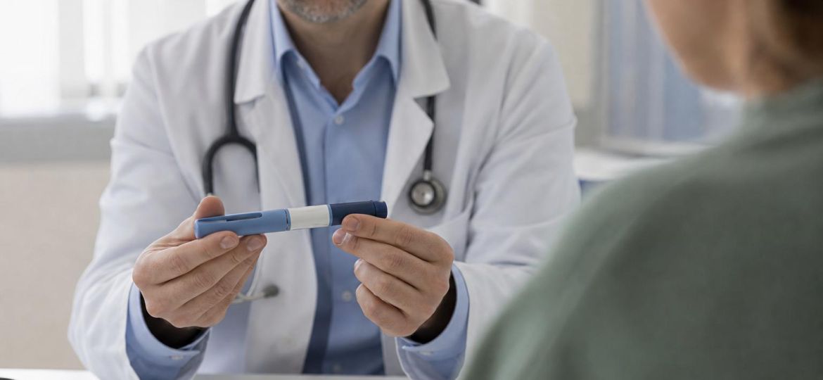 Doctor showing a medication injection pen to a patient