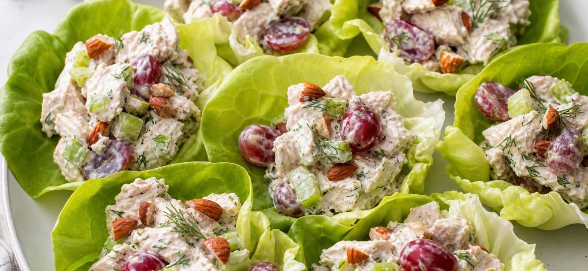 Lettuce cups filled with Greek yogurt chicken salad