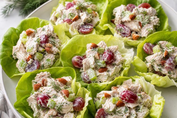 Lettuce cups filled with Greek yogurt chicken salad