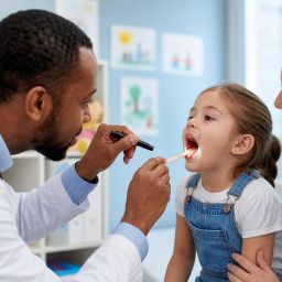 Pediatrician examining a young child's throat with a parent nearby