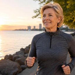 Woman in her fifties jogging along a waterfront path at sunrise