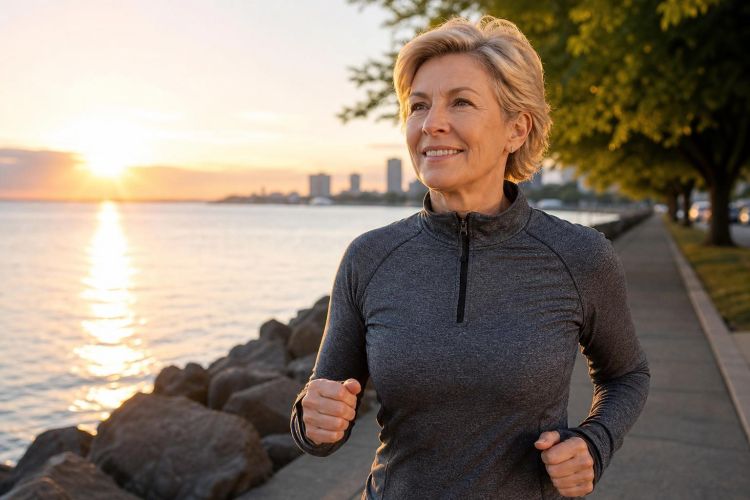Woman in her fifties jogging along a waterfront path at sunrise