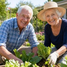 Older couple gardening together in a sunny backyard vegetable garden