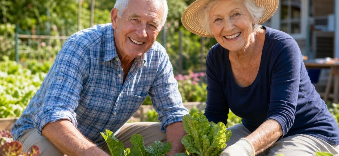 Older couple gardening together in a sunny backyard vegetable garden