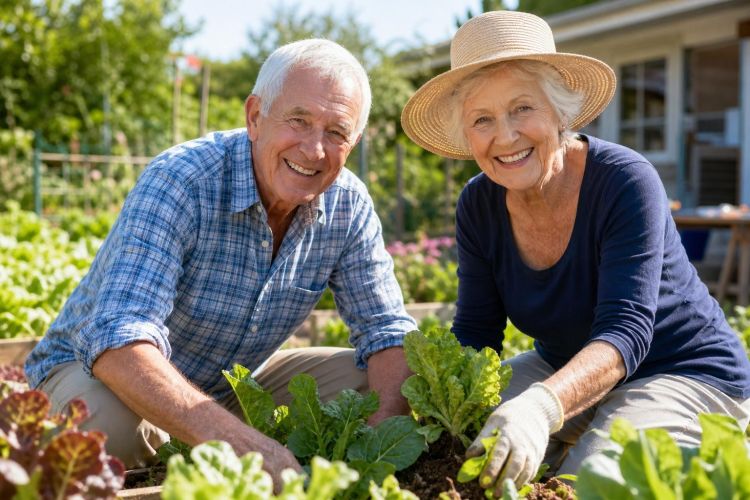 Older couple gardening together in a sunny backyard vegetable garden