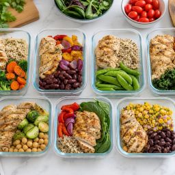 Healthy meal-prep containers with vegetables, grains, beans and grilled chicken