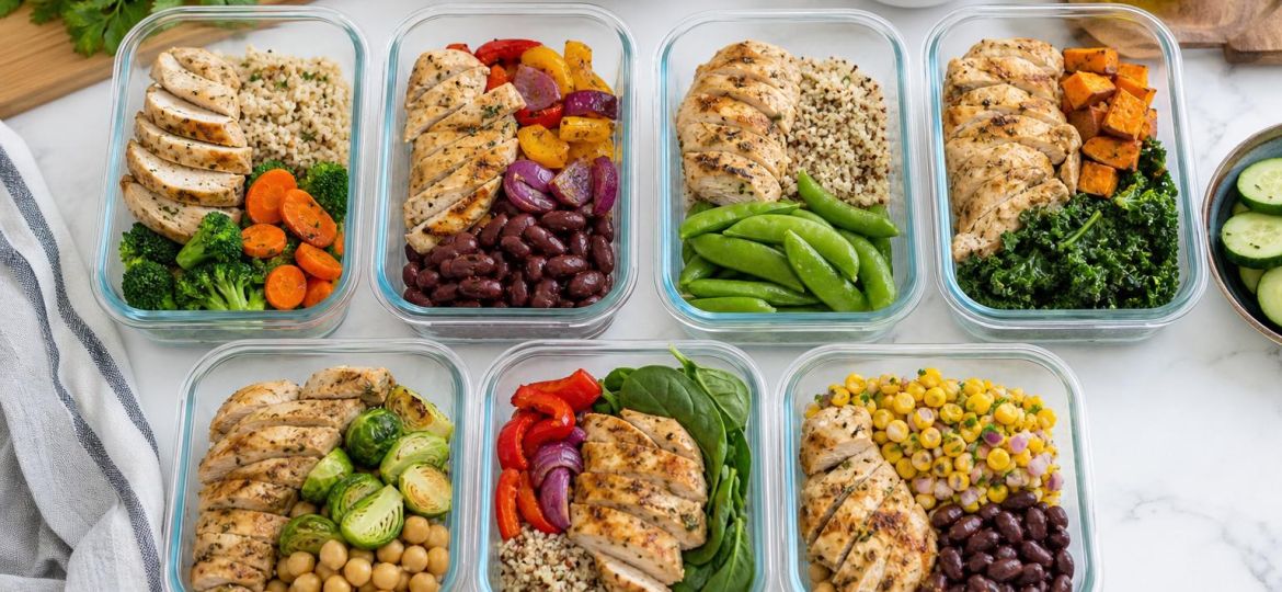 Healthy meal-prep containers with vegetables, grains, beans and grilled chicken