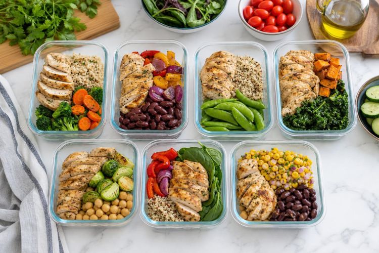 Healthy meal-prep containers with vegetables, grains, beans and grilled chicken