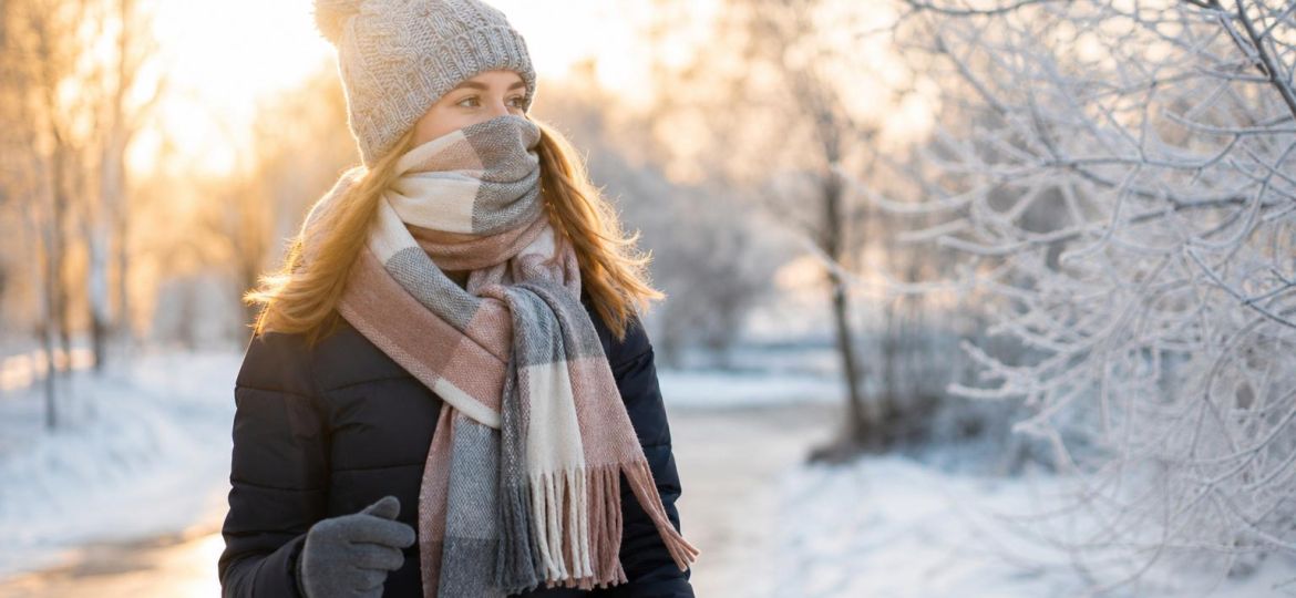 Woman walking on a winter morning with a hat, gloves and a scarf over her face