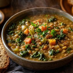 Bowl of lentil and vegetable soup with kale and parsley