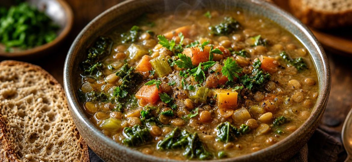 Bowl of lentil and vegetable soup with kale and parsley