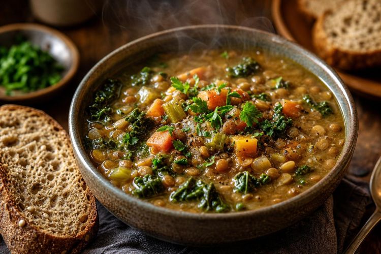 Bowl of lentil and vegetable soup with kale and parsley