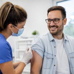 Nurse giving a vaccine shot in a man's upper arm