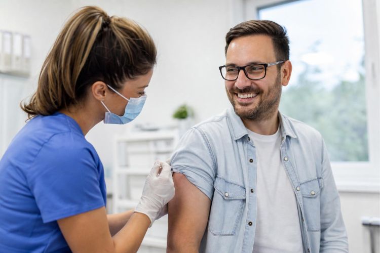 Nurse giving a vaccine shot in a man's upper arm